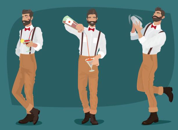 ilustraciones, imágenes clip art, dibujos animados e iconos de stock de conjunto de tres camareros hipster bigotón - bartender