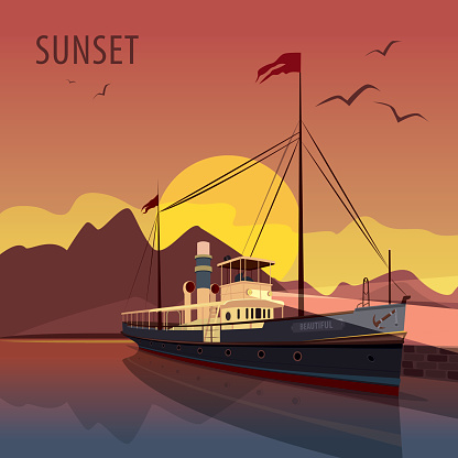 Scenic area with retro cruise ship at the pier at dawn. In the background the natural mountain romantic view with Sun. Realistic flat style. Lettering Sunset