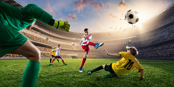 Top view of young man, soccer player in motion, dribbling ball, representing team of Italy. Concept of sport, championship, tournament, match. Creative design, poster for sport event. Grainy effect