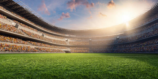 3D soccer stadium 3D soccer stadium with green grass and bleachers full of people. Grass, lights stadium, and all other elements are made in 3D. stadium stock pictures, royalty-free photos & images