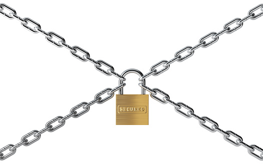 Brass padlock tied with metal chain isolated on white background.  There is secured stamp on padlock. Front view. Horizontal composition with copy space. Safety and security concept.  Clipping path is included.