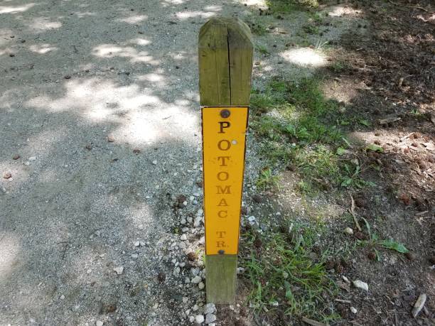 istock wood post with yellow Potomac trail sign 696108110