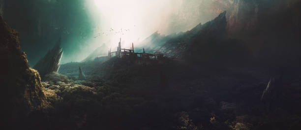 The secret lab in the canyon,Digital painting,3d rendering.