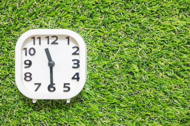 istock Closeup white clock for decorate show a half past eleven or 11:30 a.m. on green artificial grass floor textured background with copy space 696108534