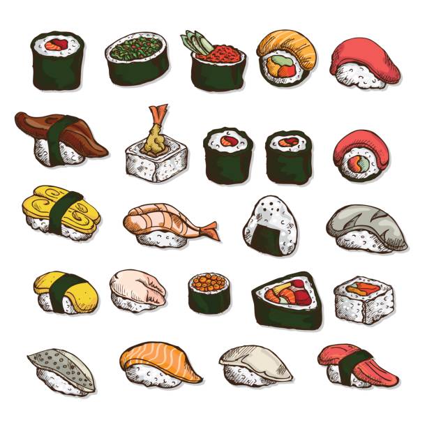 스시 개체 일본 음식 - sushi nigiri white background red stock illustrations