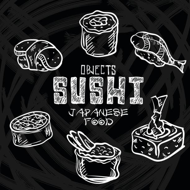 스시 개체 일본 음식 - sushi nigiri white background red stock illustrations