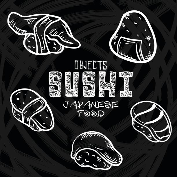 illustrazioni stock, clip art, cartoni animati e icone di tendenza di sushi oggetti cibo giapponese - sushi nigiri white background red