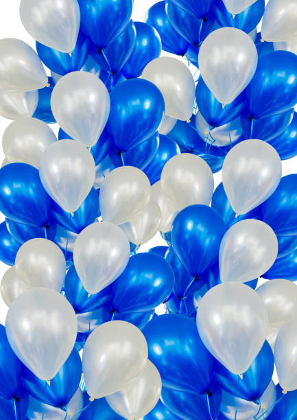 istock Balloons poster vertical, blue and white balloons helium floating up 696114014