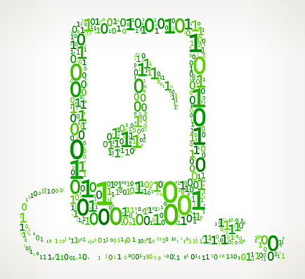 Music Player and Headphones Binary Code Zero One Vector Illustration. This royalty free vector illustration features a set green binary numbers zero and one pattern that forms the main shape in the center of this composition. The 0 and 1 numbers vary in size and in the shade of the green color. The background is light with a slight gradient. This image is ideal for technology and mathematical binary code concepts. The design is very clean and elegant and the vector background can be scaled to any size.
