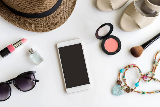 istock Woman stuff, makeup, cellphone and accessories with copy space 696124682