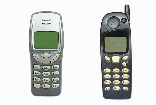 Group of old telephone on white background