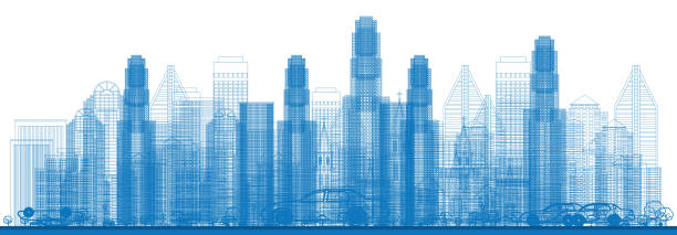 illustrazioni stock, clip art, cartoni animati e icone di tendenza di delinea skyline con grattacieli della città. - skyline silhouette cityscape residential district