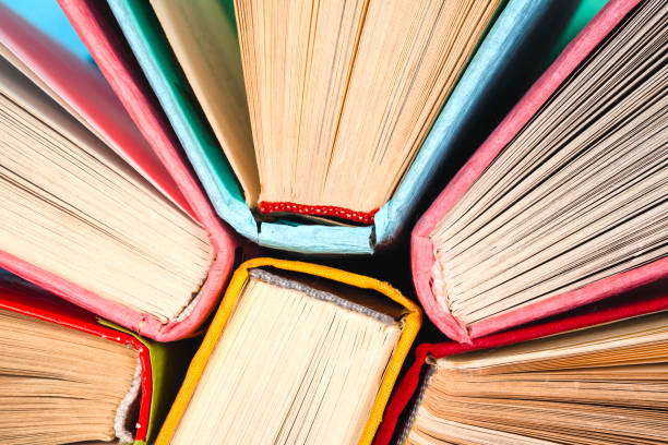 istock Top view of bright colorful hardback books in a circle. 696140852