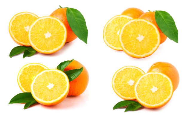 istock orange with leaves isolated on white background. Set or collection 696145070
