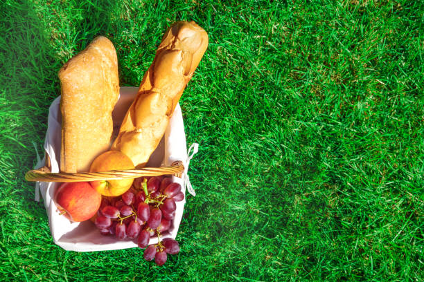 An overhead photo of a picnic hamper with bread and fruit on a green lawn on a sunny day, with a place for text