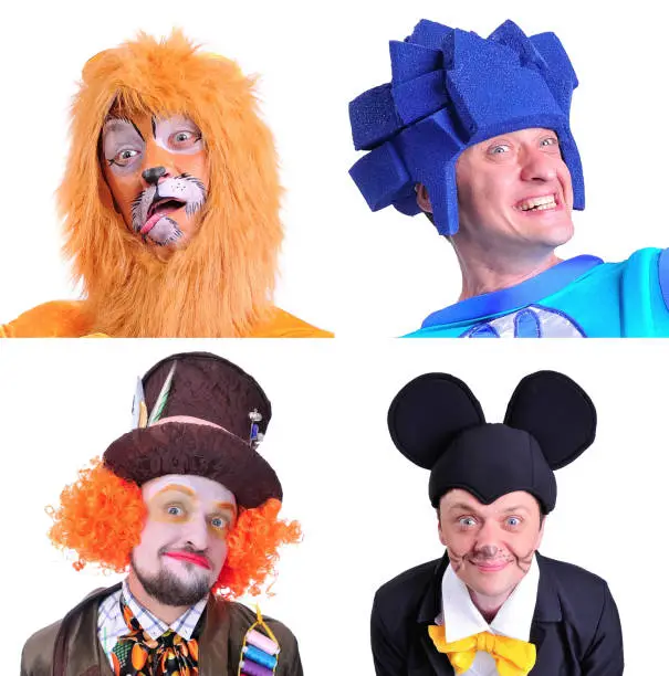 Collage of four pictures isolated: close-up portrait of smiling and fooling around animator in various theater roles. Emotional and colorful