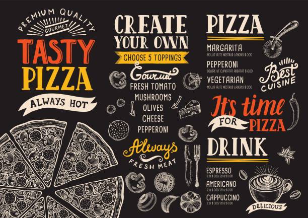 Pizza menu restaurant, food template. Pizza food menu for restaurant and cafe. Design template with hand-drawn graphic elements in doodle style. chef backgrounds stock illustrations