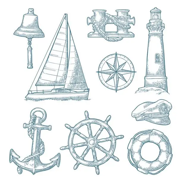 Vector illustration of Anchor, wheel, sailing ship, compass rose, shell, crab, lighthouse engraving