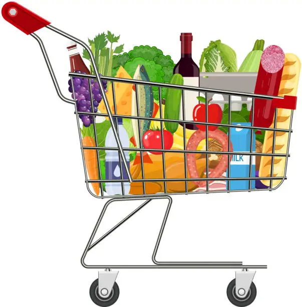 Vector illustration of Metal shopping cart full of groceries products.