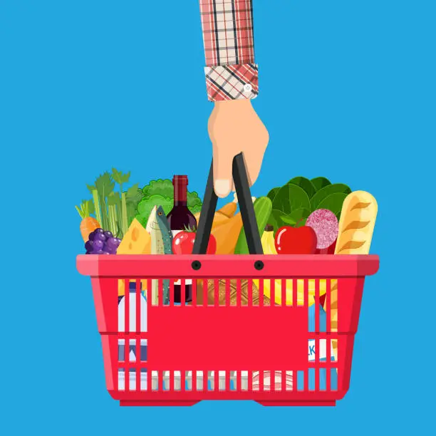 Vector illustration of shopping basket full of groceries products