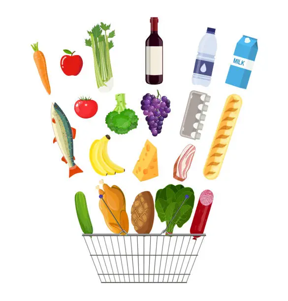 Vector illustration of shopping basket full of groceries products.