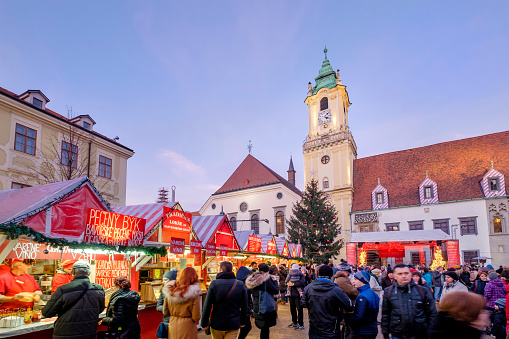 Crowd at the Hlavné námestie - Main Square - one of the best known squares in Bratislava, where every year a traditional Christmas Market is held.