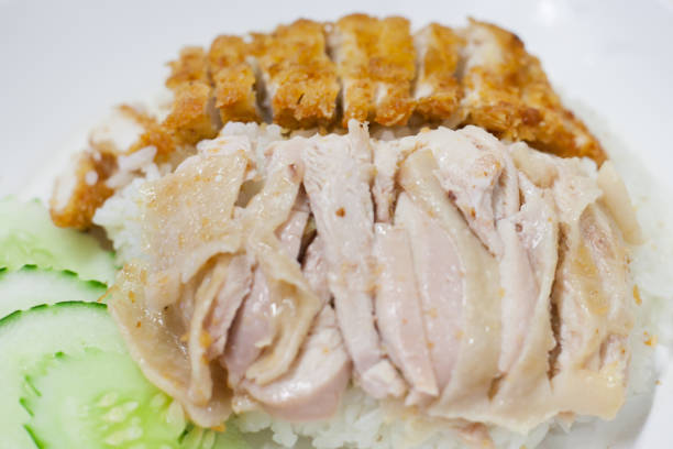 istock fried chicken and steam chicken with rice 696166436