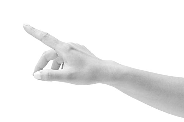 black and white closeup shot of a female's hand pushing pressing a virtual button, isolated on white background.