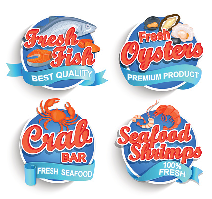 Set of fresh seafood and emblems. Fresh fish, oysters, shrimps and crab bar. Vector illustration.