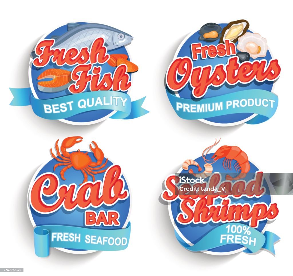 Set of fresh seafood. Set of fresh seafood and emblems. Fresh fish, oysters, shrimps and crab bar. Vector illustration. Seafood stock vector