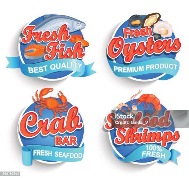 Set Of Fresh Seafood Stock Illustration - Download Image Now - Seafood, Sale, Logo