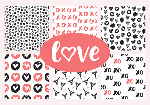 Vector romantic seamless patterns set for Valentines Day, red and black. Hand drawn Eiffel Towers, hearts vintage doodles for wallpaper, wedding invitation, scrapbook, wrapping paper, fashion textile