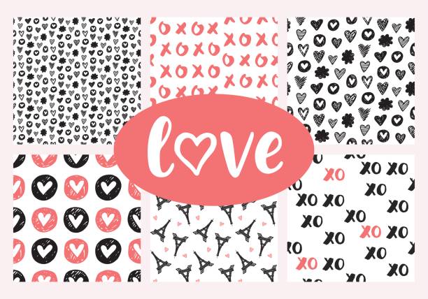 Vector romantic seamless patterns set for Valentines Day, red and black Vector romantic seamless patterns set for Valentines Day, red and black. Hand drawn Eiffel Towers, hearts vintage doodles for wallpaper, wedding invitation, scrapbook, wrapping paper, fashion textile lipstick kiss stock illustrations