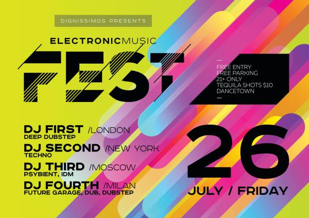 jasny plakat dj na świeżym powietrzu. okładka muzyki elektronicznej na summer fest lub club party flyer. - electro stock illustrations