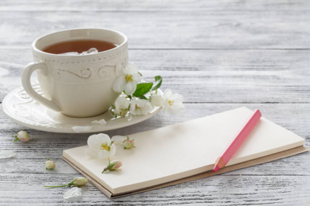 istock Still life with tea cup and blossom branch 696173798