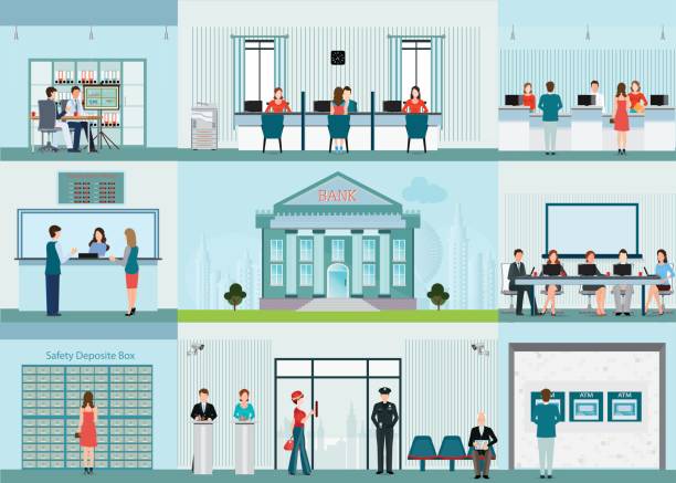 Bank building and finance infographic with office. Bank building and finance infographic with office, front desk, waiting room, entrance , self service atm, banking and people working, finance concept vector illustration. lobby office stock illustrations
