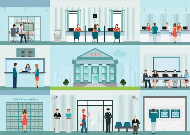 Vector illustration of Bank building and finance infographic with office.