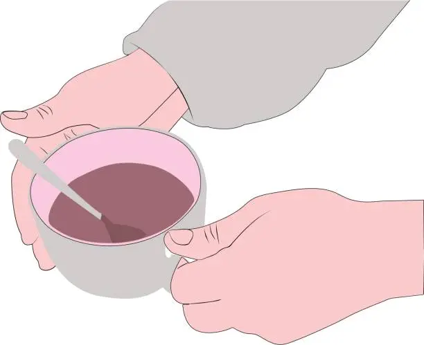 Vector illustration of Man tries to keep warm Cup of hot drink