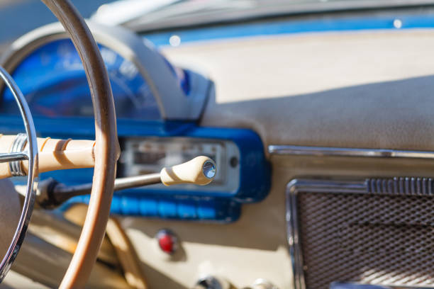 istock Retro car, retro torpedo car, vintage steering wheel, speedometer 696175406