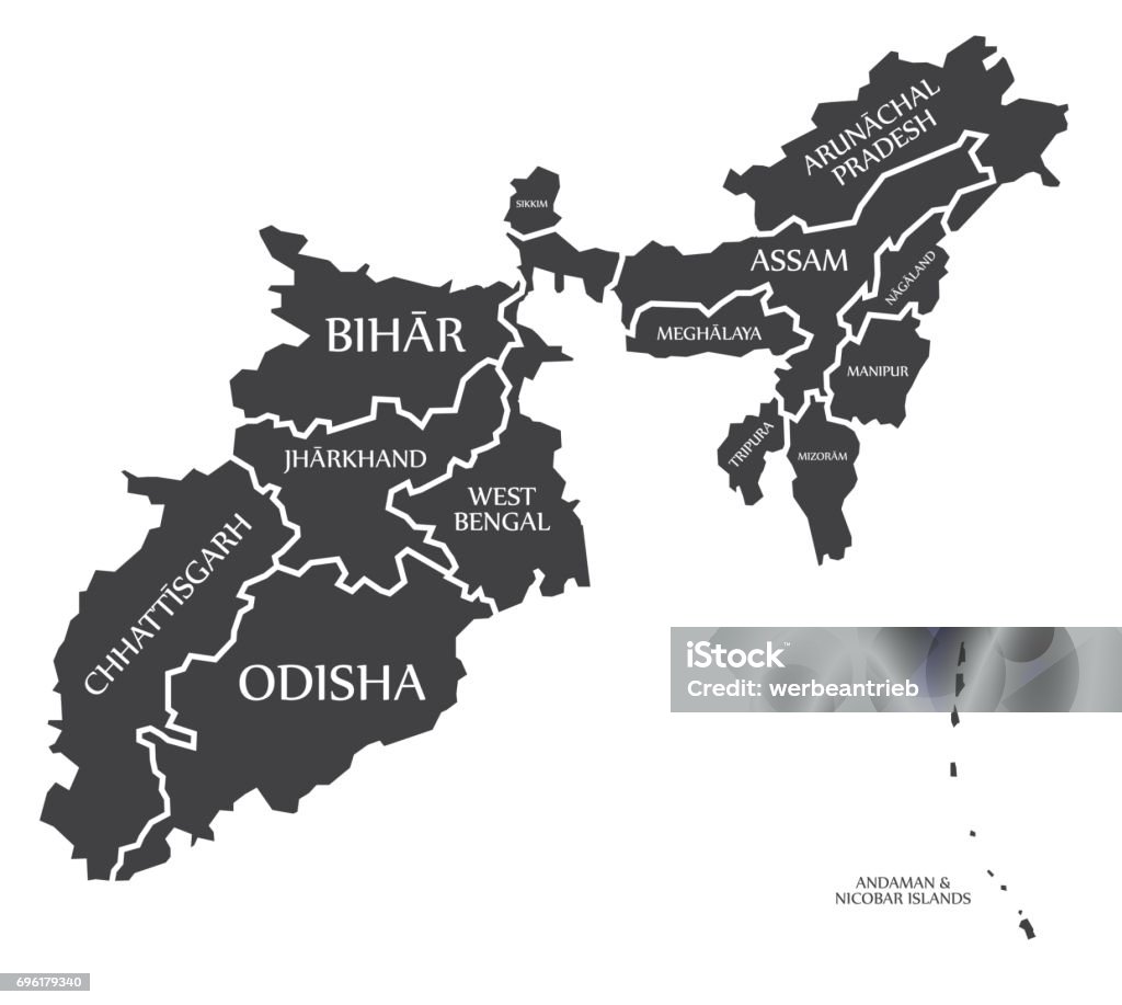 Öststater och öarna i Indien karta illustration - Royaltyfri Västbengalen vektorgrafik