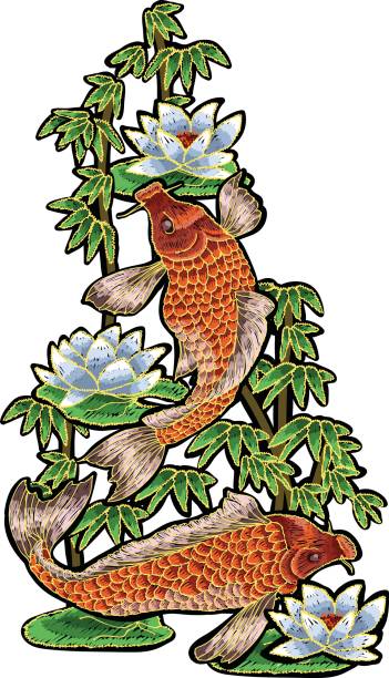 istock Embroidery with traditional Japanese Carp and flowers. 696179402