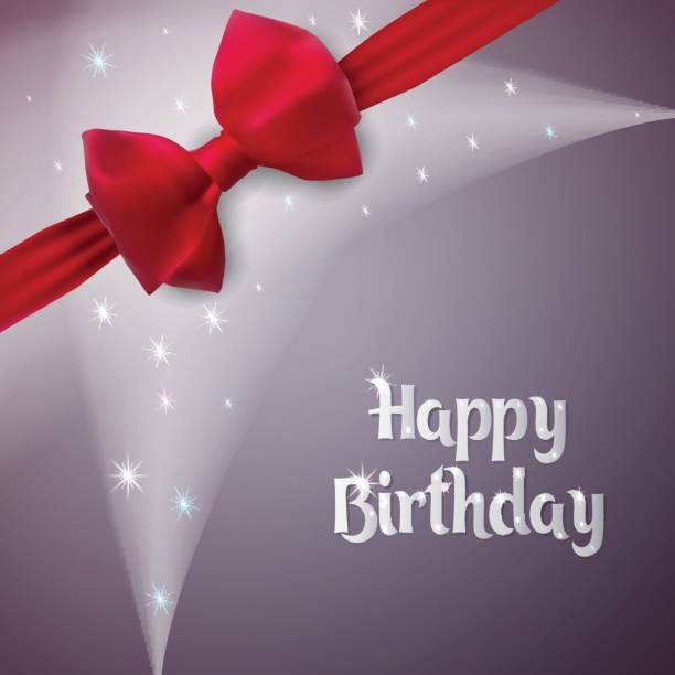 ilustrações de stock, clip art, desenhos animados e ícones de greeting card for an anniversary. happy birthday. gray background with light and stars. birth gift is decorated with a bow and ribbon. - jubilee bow gift red