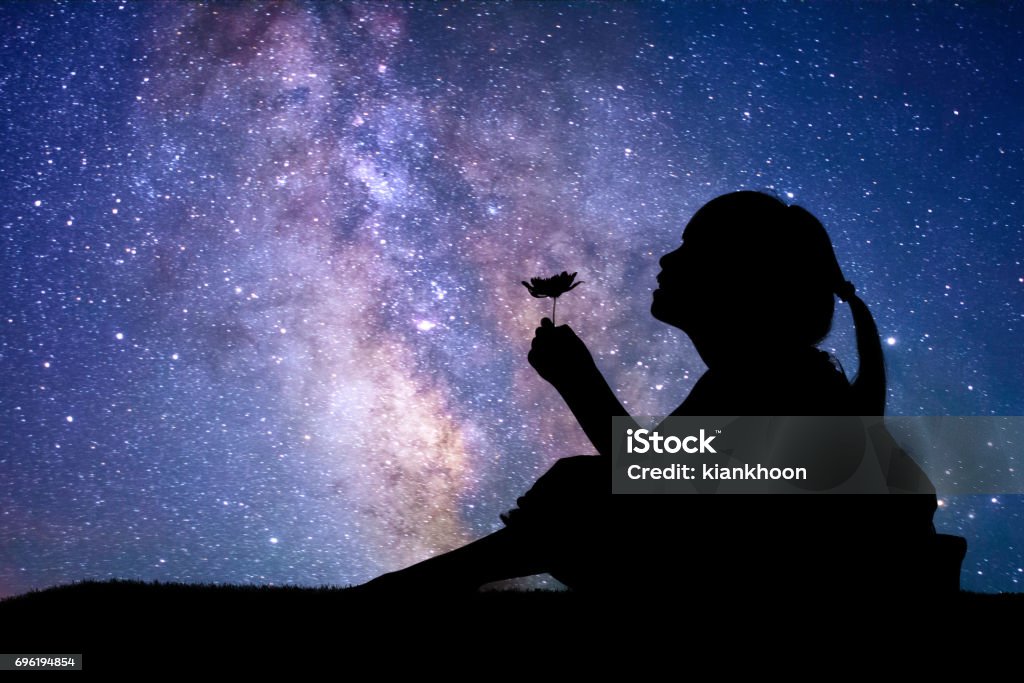 Silhouette of little girl holding a flower Silhouette of little girl holding a flower at the stars background Child Stock Photo