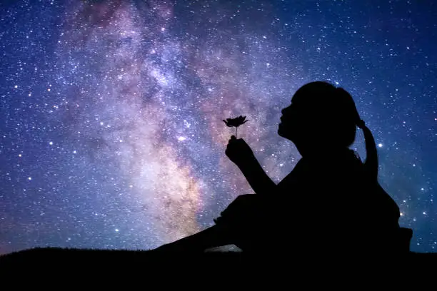 Silhouette of little girl holding a flower at the stars background