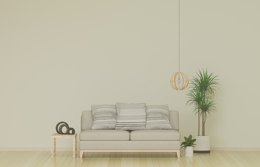 Empty simple living room with sofa in the background. 3D illustration