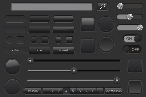 zestaw czarnych przycisków. kolekcja elementów interfejsu użytkownika - using computer audio stock illustrations
