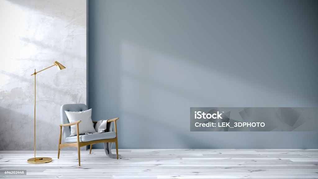 intérieur du loft de salon, fauteuils bleus sur blanc revêtement de sol et mur bleu, rendu 3d - Photo de Chambre à coucher libre de droits
