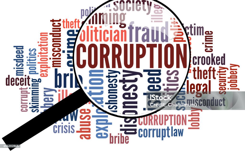 Corruption word cloud Word cloud of corruption with magnifying glass Corruption Stock Photo