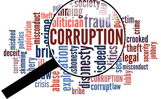 Corruption word cloud Word cloud of corruption with magnifying glass corruption stock pictures, royalty-free photos & images