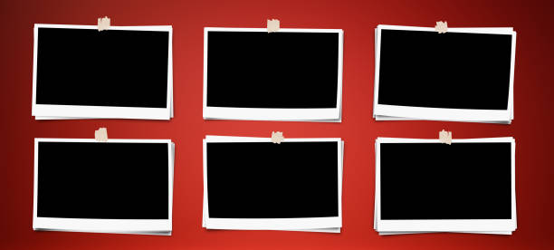 istock Set of photo frame with tape, on red background 696206166